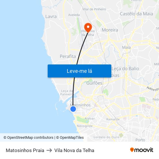 Matosinhos Praia to Vila Nova da Telha map