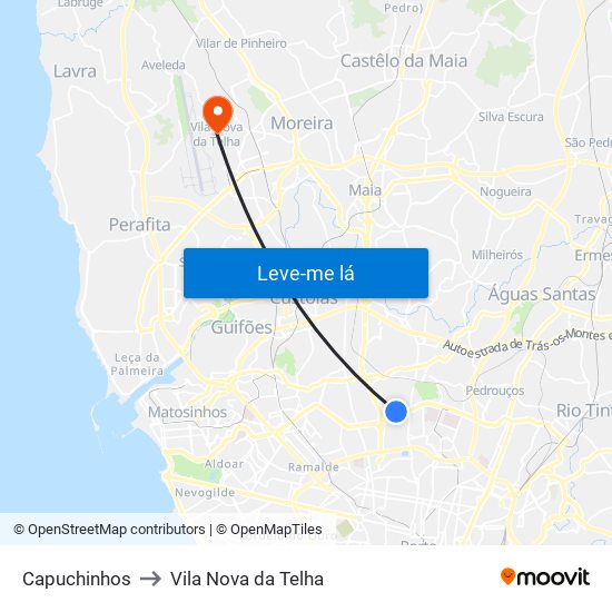 Capuchinhos to Vila Nova da Telha map