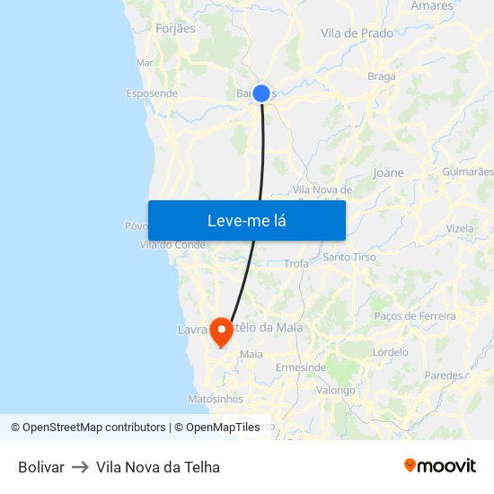 Bolivar to Vila Nova da Telha map