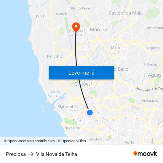 Preciosa to Vila Nova da Telha map