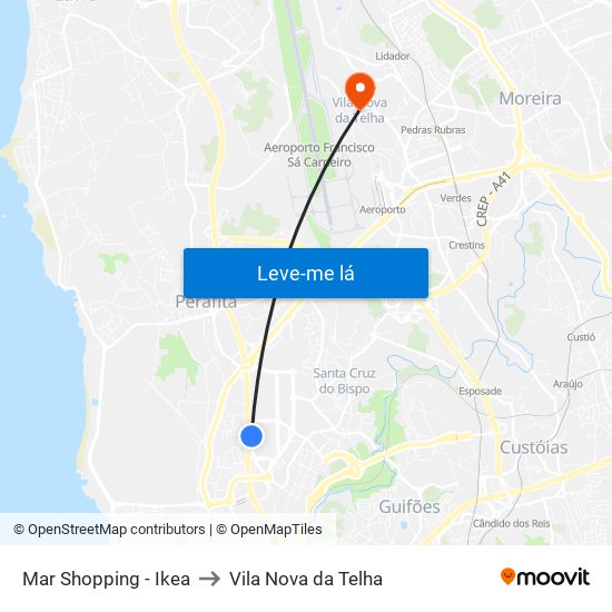 Mar Shopping - Ikea to Vila Nova da Telha map
