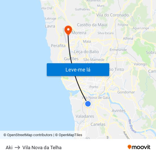 Aki to Vila Nova da Telha map