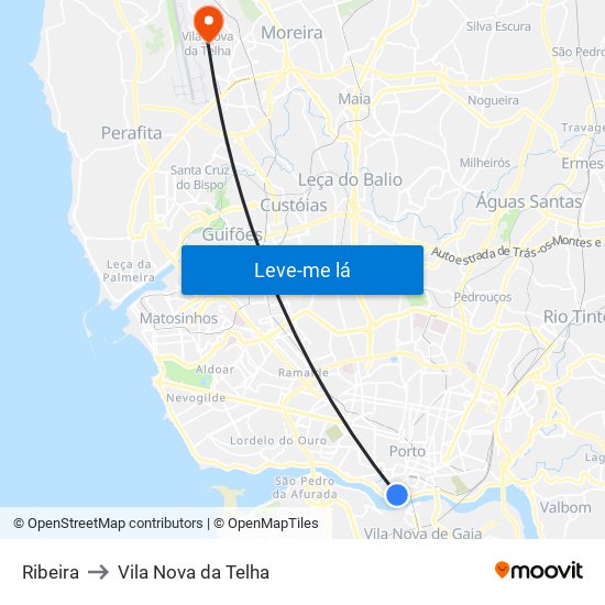 Ribeira to Vila Nova da Telha map
