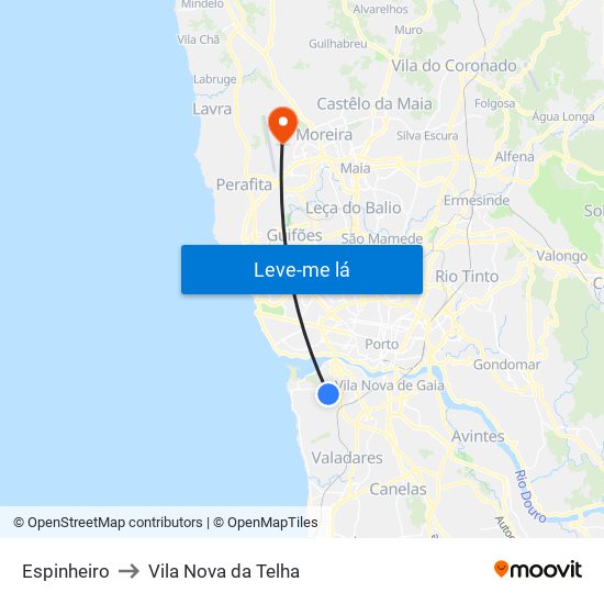 Espinheiro to Vila Nova da Telha map