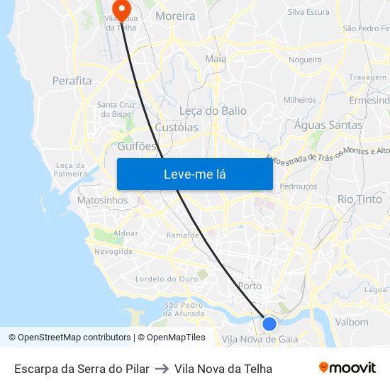 Escarpa da Serra do Pilar to Vila Nova da Telha map