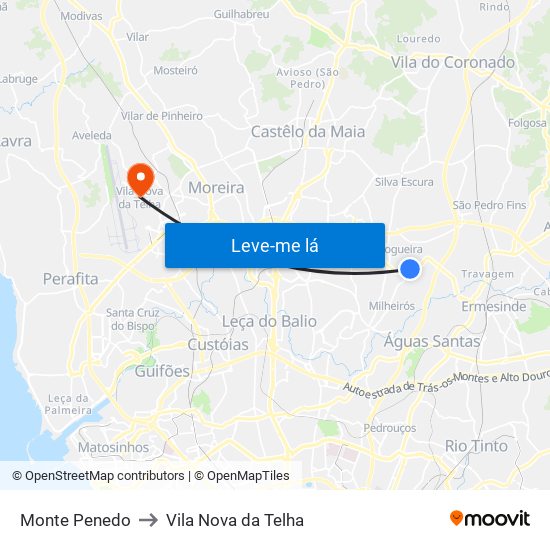 Monte Penedo to Vila Nova da Telha map