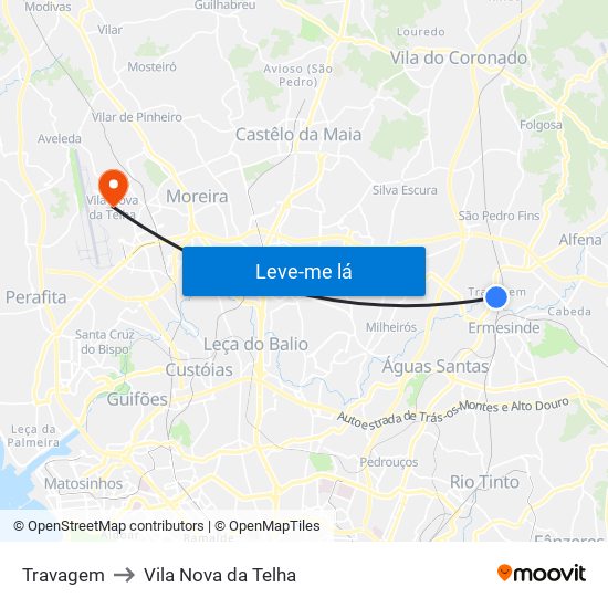 Travagem to Vila Nova da Telha map