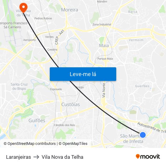 Laranjeiras to Vila Nova da Telha map