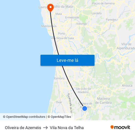 Oliveira de Azeméis to Vila Nova da Telha map