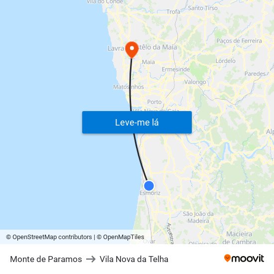 Monte de Paramos to Vila Nova da Telha map