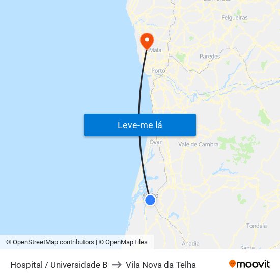 Hospital / Universidade B to Vila Nova da Telha map