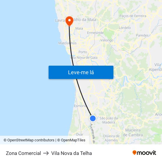 Zona Comercial to Vila Nova da Telha map