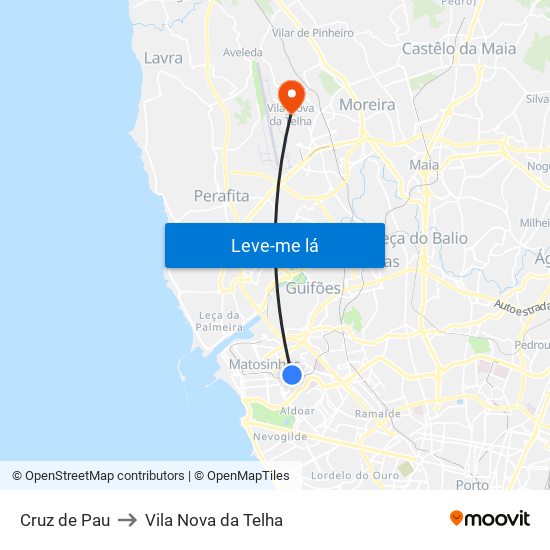 Cruz de Pau to Vila Nova da Telha map