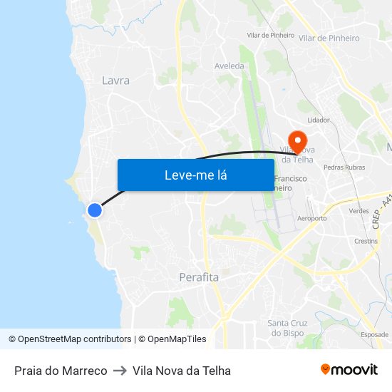 Praia do Marreco to Vila Nova da Telha map
