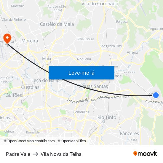 Padre Vale to Vila Nova da Telha map