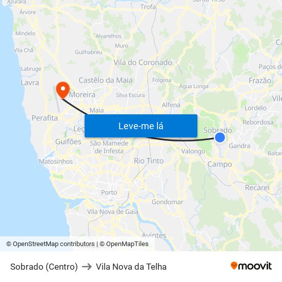 Sobrado (Centro) to Vila Nova da Telha map