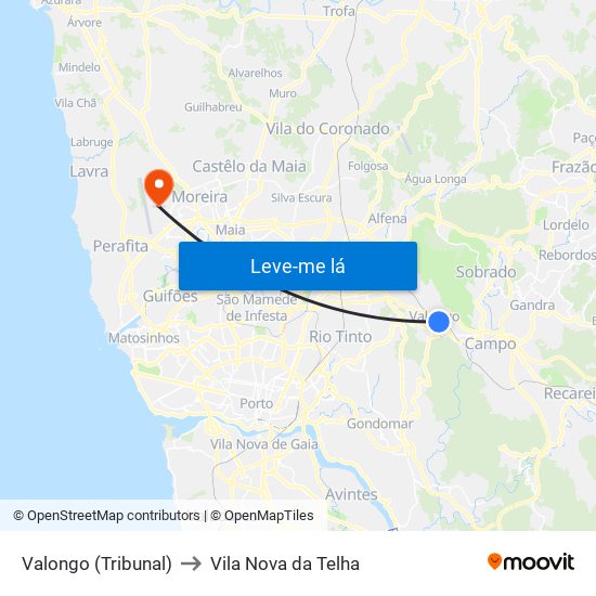 Valongo (Tribunal) to Vila Nova da Telha map