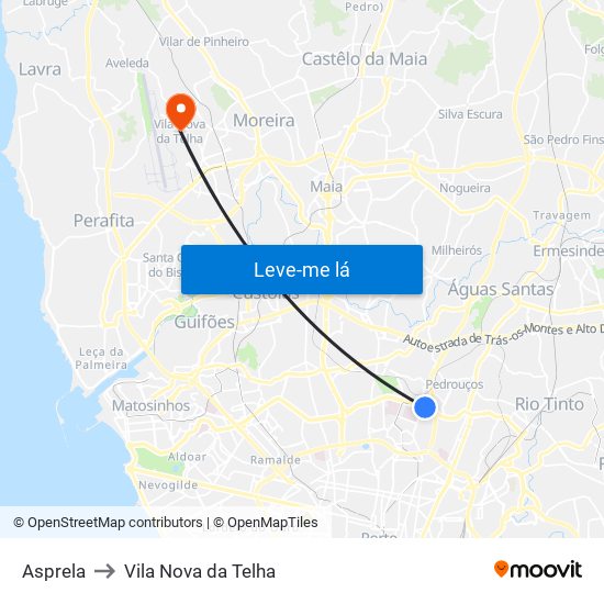 Asprela to Vila Nova da Telha map