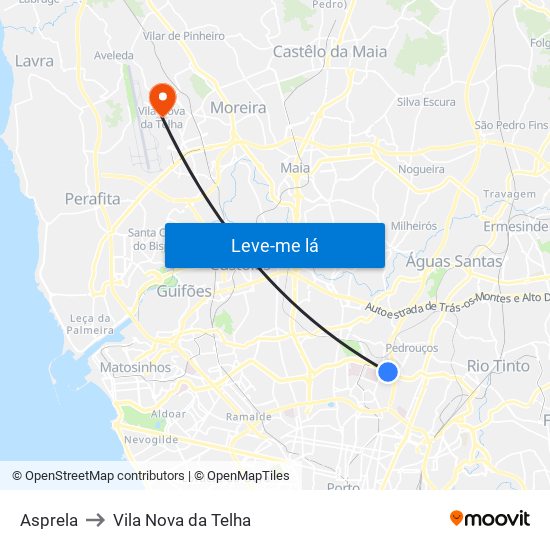 Asprela to Vila Nova da Telha map