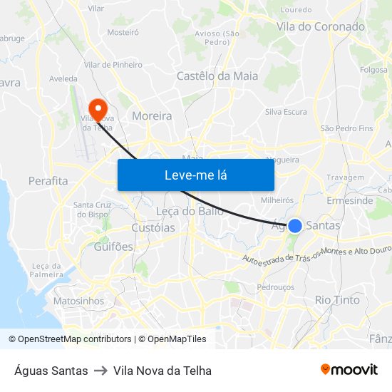 Águas Santas to Vila Nova da Telha map