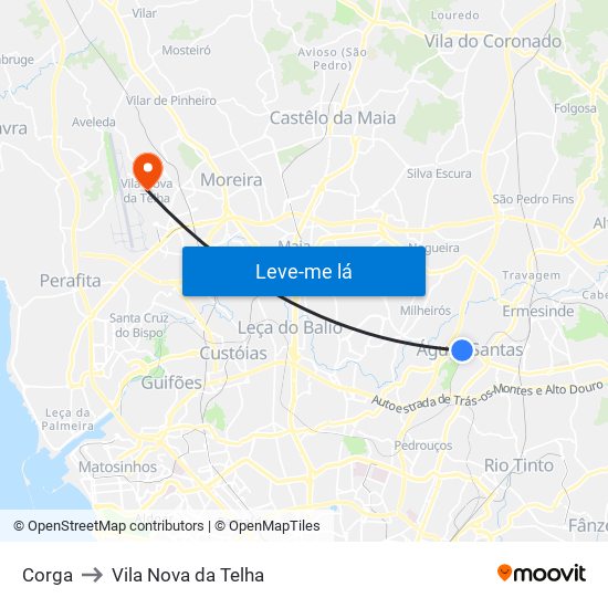 Corga to Vila Nova da Telha map