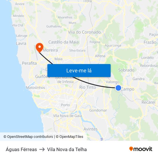 Águas Férreas to Vila Nova da Telha map