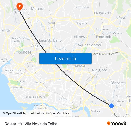 Roleta to Vila Nova da Telha map