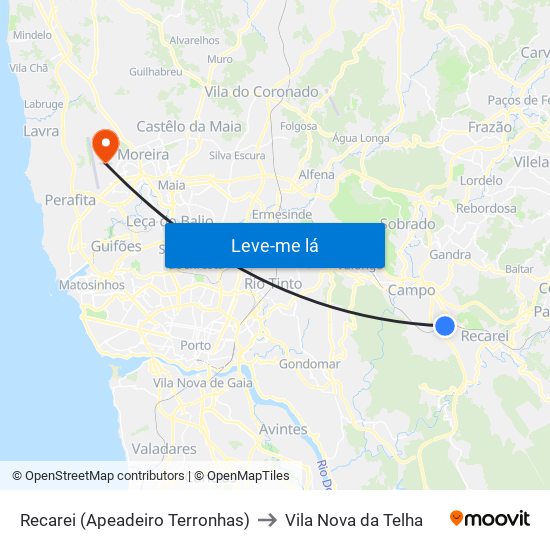 Recarei (Apeadeiro Terronhas) to Vila Nova da Telha map