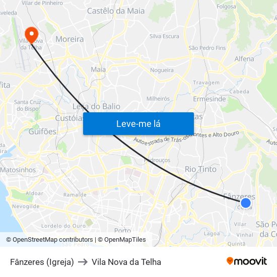 Fânzeres (Igreja) to Vila Nova da Telha map