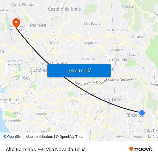 Alto Barreiros to Vila Nova da Telha map
