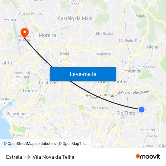 Estrela to Vila Nova da Telha map