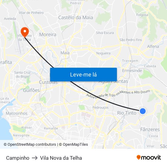 Campinho to Vila Nova da Telha map
