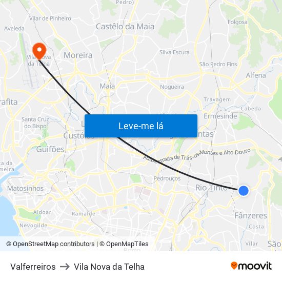 Valferreiros to Vila Nova da Telha map