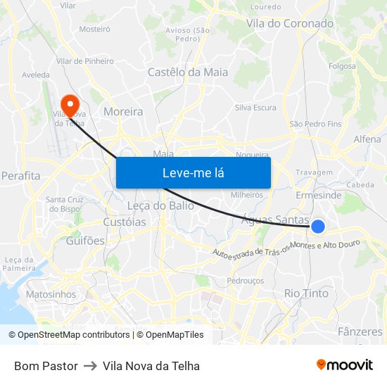 Bom Pastor to Vila Nova da Telha map