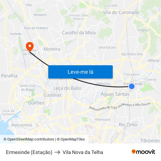 Ermesinde (Estação) to Vila Nova da Telha map