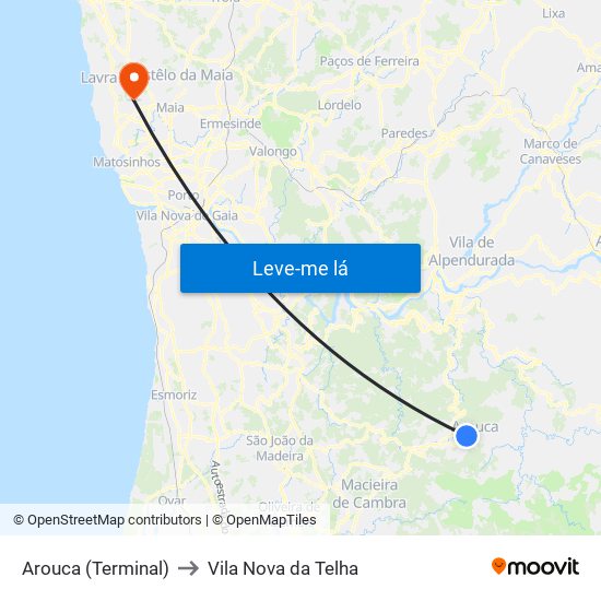 Arouca (Terminal) to Vila Nova da Telha map