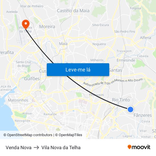 Venda Nova to Vila Nova da Telha map