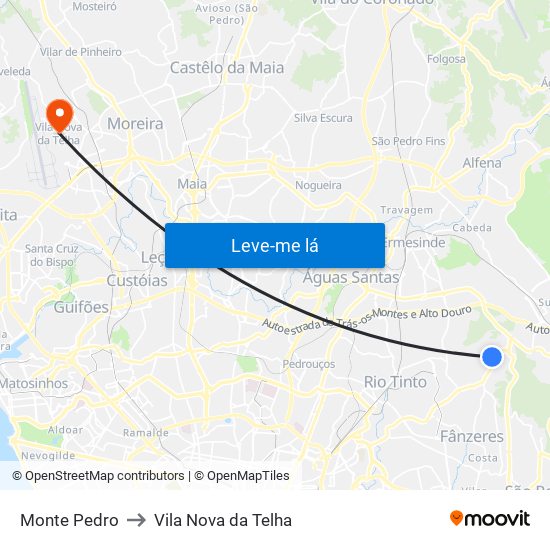 Monte Pedro to Vila Nova da Telha map