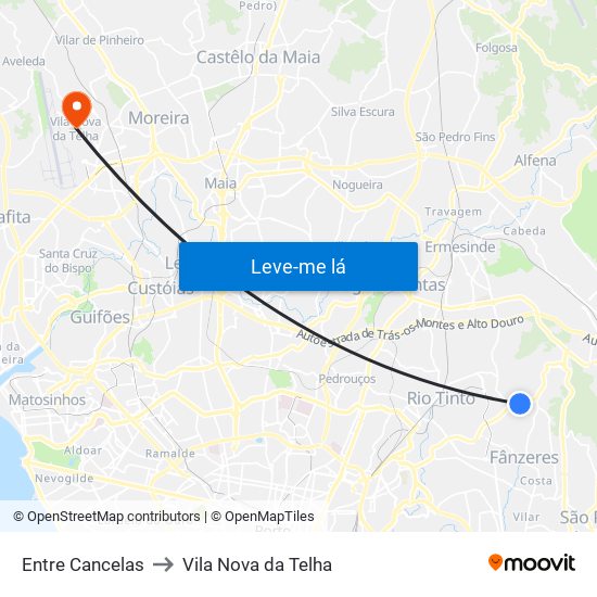 Entre Cancelas to Vila Nova da Telha map