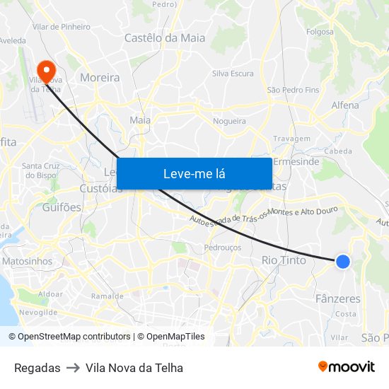 Regadas to Vila Nova da Telha map