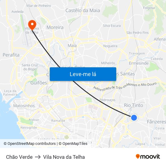 Chão Verde to Vila Nova da Telha map