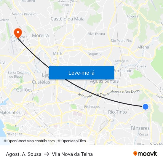 Agost. A. Sousa to Vila Nova da Telha map