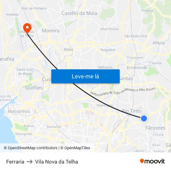 Ferraria to Vila Nova da Telha map