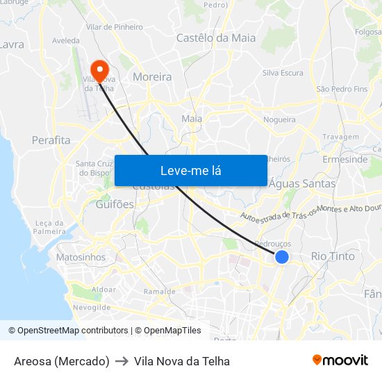 Areosa (Mercado) to Vila Nova da Telha map