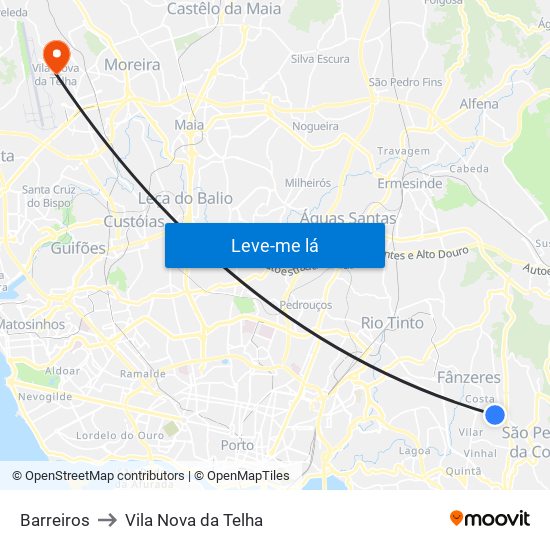 Barreiros to Vila Nova da Telha map