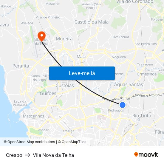 Crespo to Vila Nova da Telha map