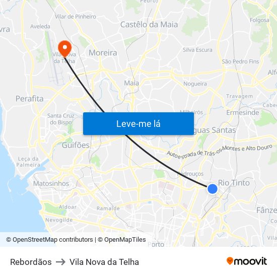 Rebordãos to Vila Nova da Telha map