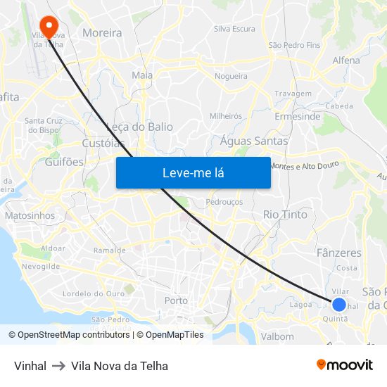 Vinhal to Vila Nova da Telha map