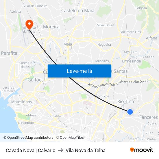 Cavada Nova | Calvário to Vila Nova da Telha map