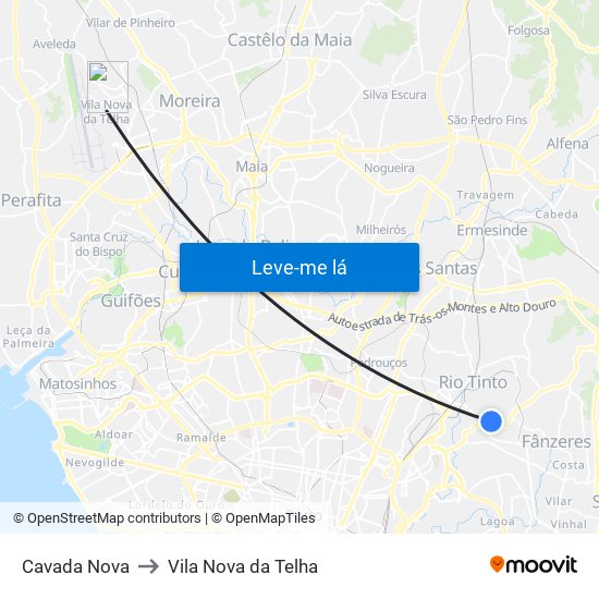 Cavada Nova to Vila Nova da Telha map